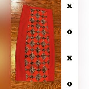 XOXO Red Bodycon Pencil Skirt XS – Aztec Print Panel, Stretchy, Sexy Midi